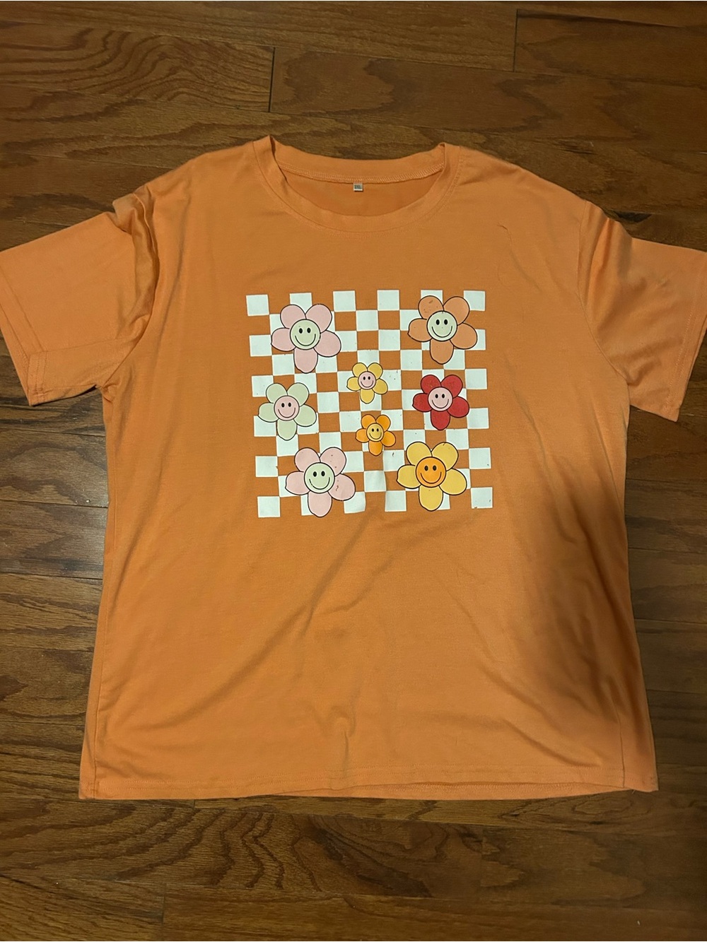 Smiley Floral Checkerboard Tee in Orange
